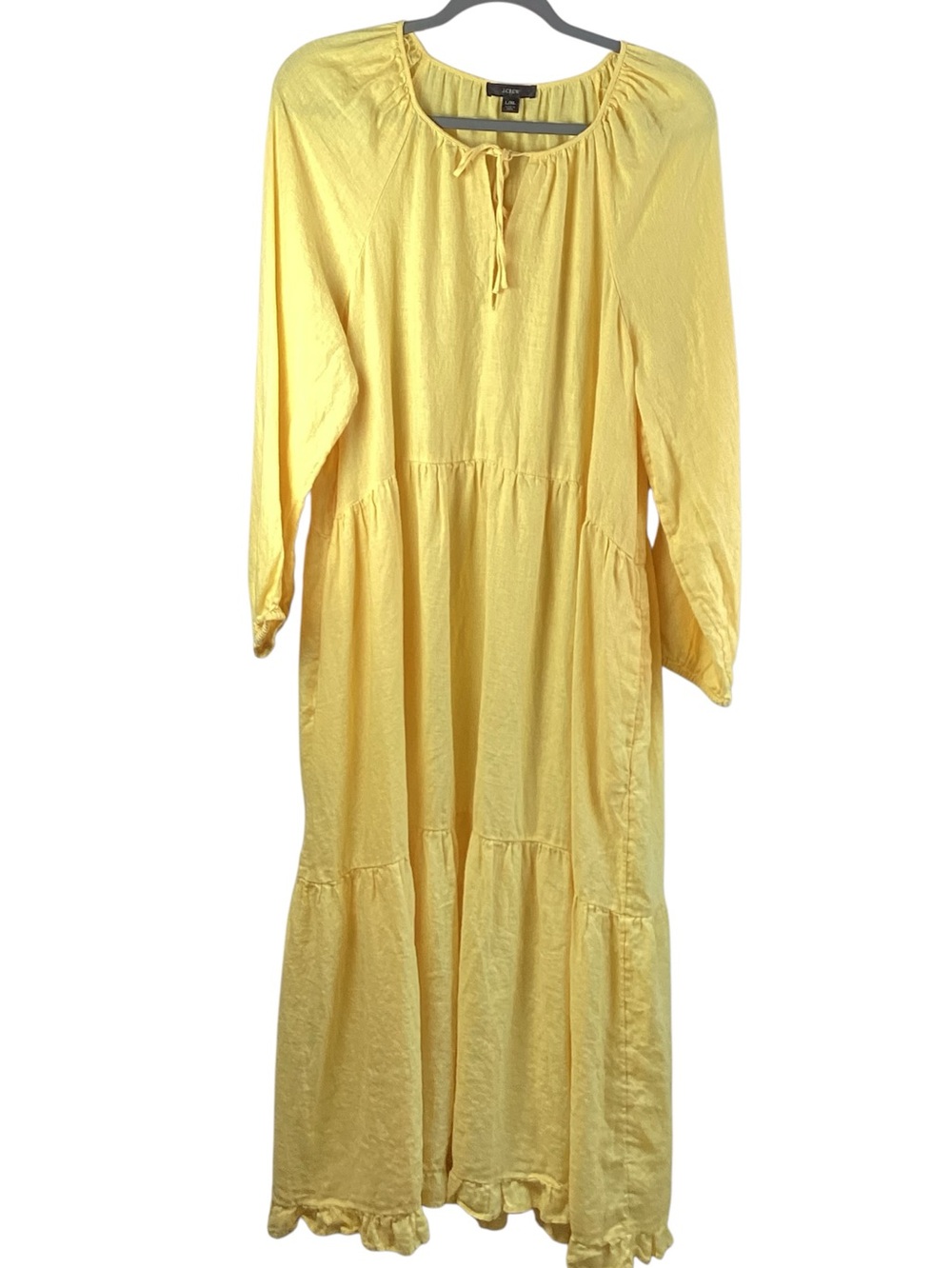 J. Crew Sunny Yellow Tiered Peasant Maxi Dress 100% Linen two pockets